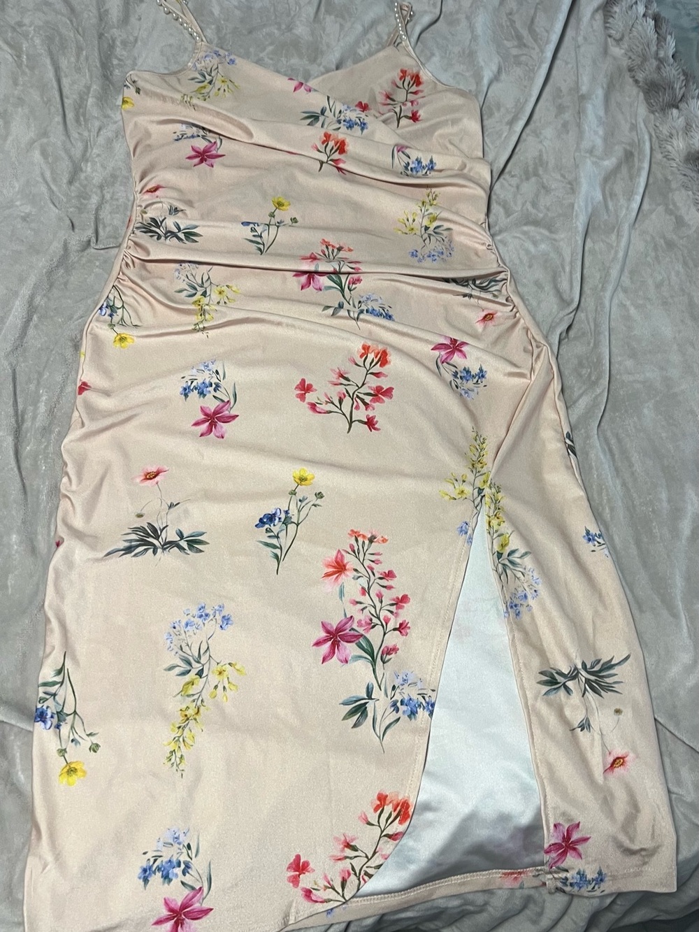 SHEIN Blush Pink Satin Slip Dress with Floral Accent